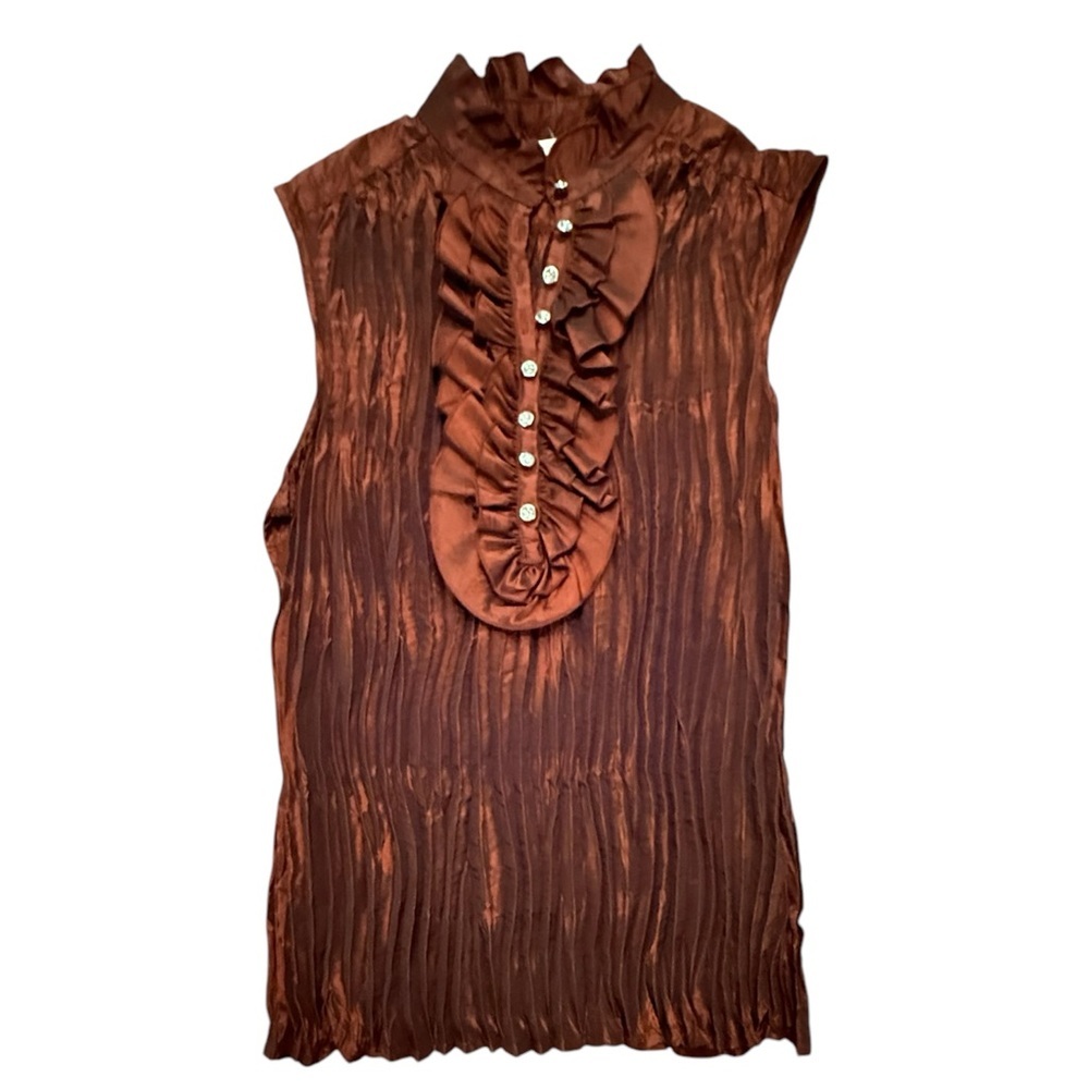 Jaipur Brown Sleeveless Ruched Blouse W/ Rhinestone Buttons Size Medium